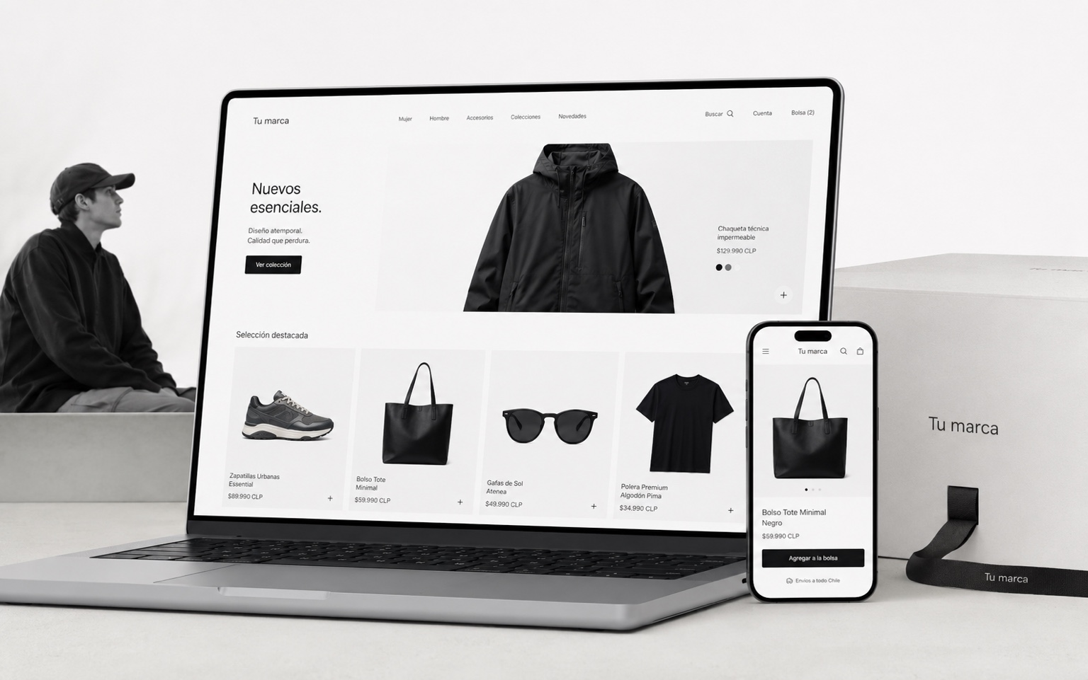 Diseño conceptual de tienda online de moda con catálogo de ropa y accesorios en computador y móvil