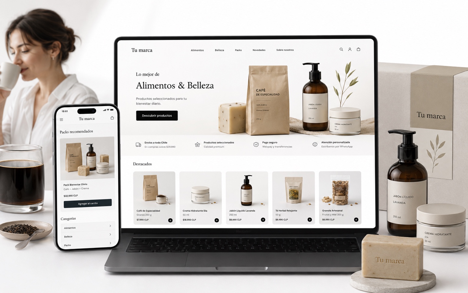 Diseño conceptual de tienda online de alimentos y belleza con café y productos de cuidado personal