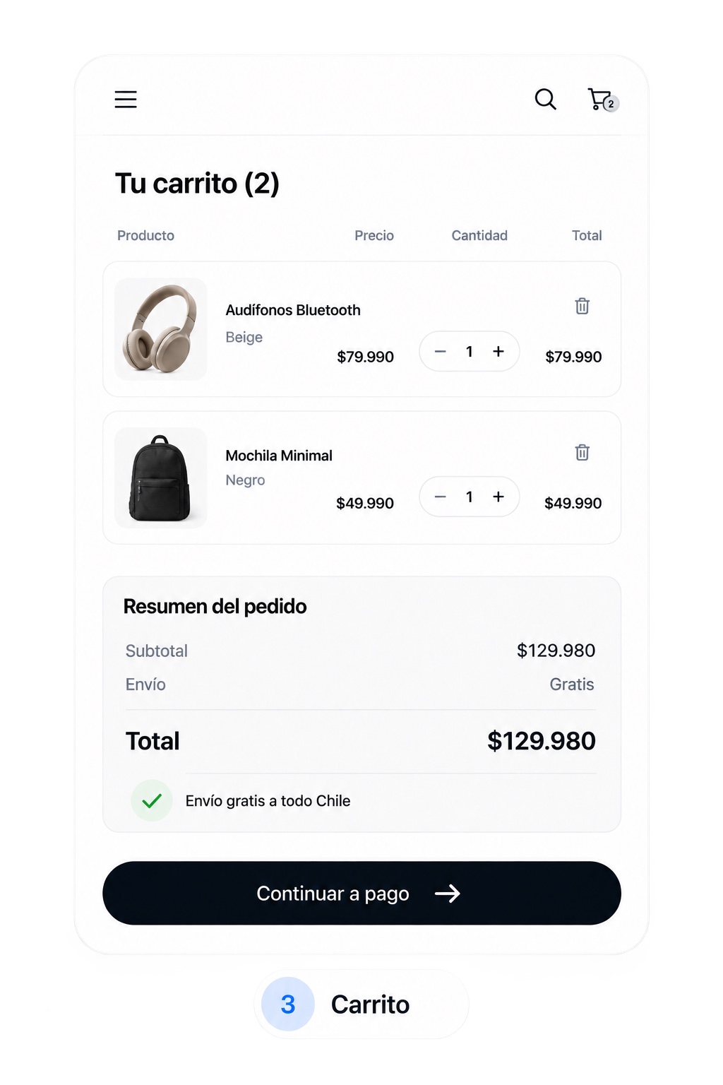 Carrito de compra con productos, cantidades, despacho y total