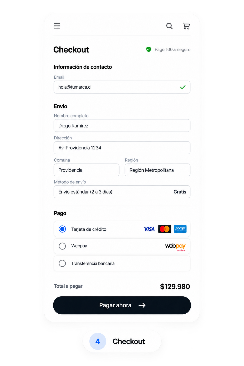 Checkout con información de envío, medios de pago y total