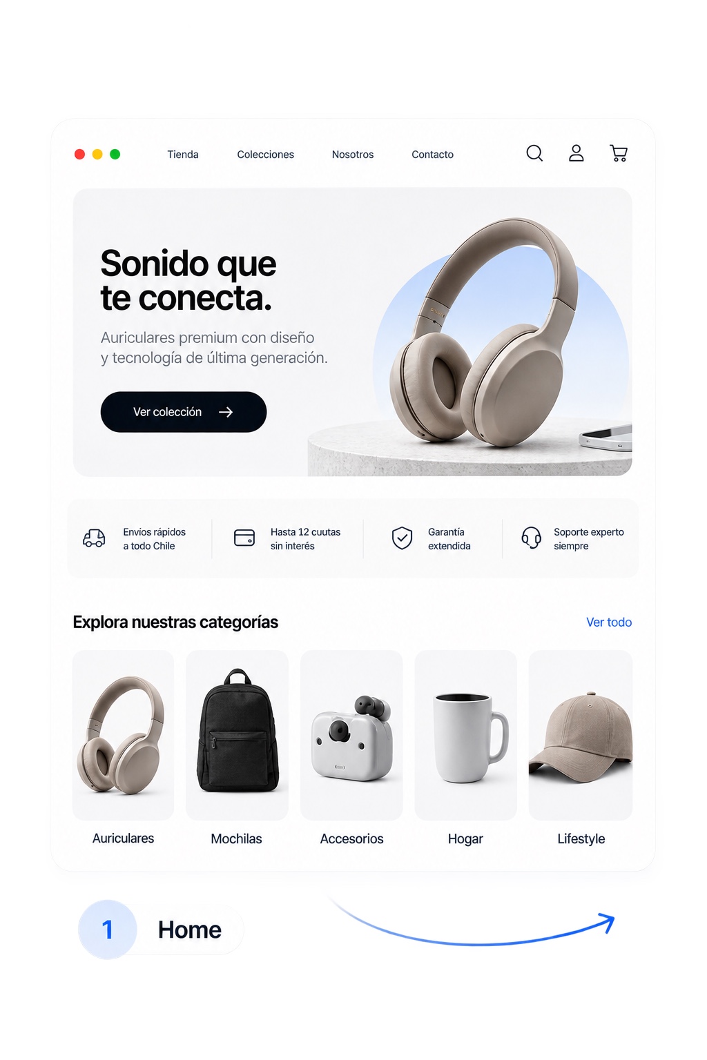 Home de una tienda eCommerce con propuesta, beneficios y categorías