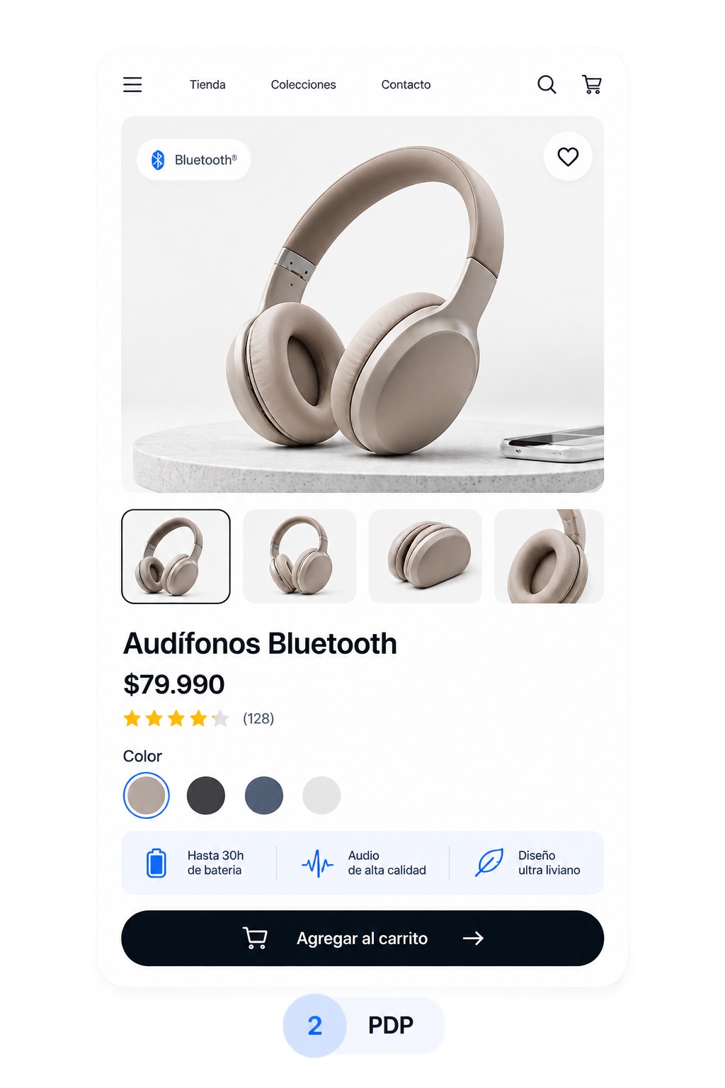 Ficha de producto con imágenes, precio, atributos y llamado a comprar