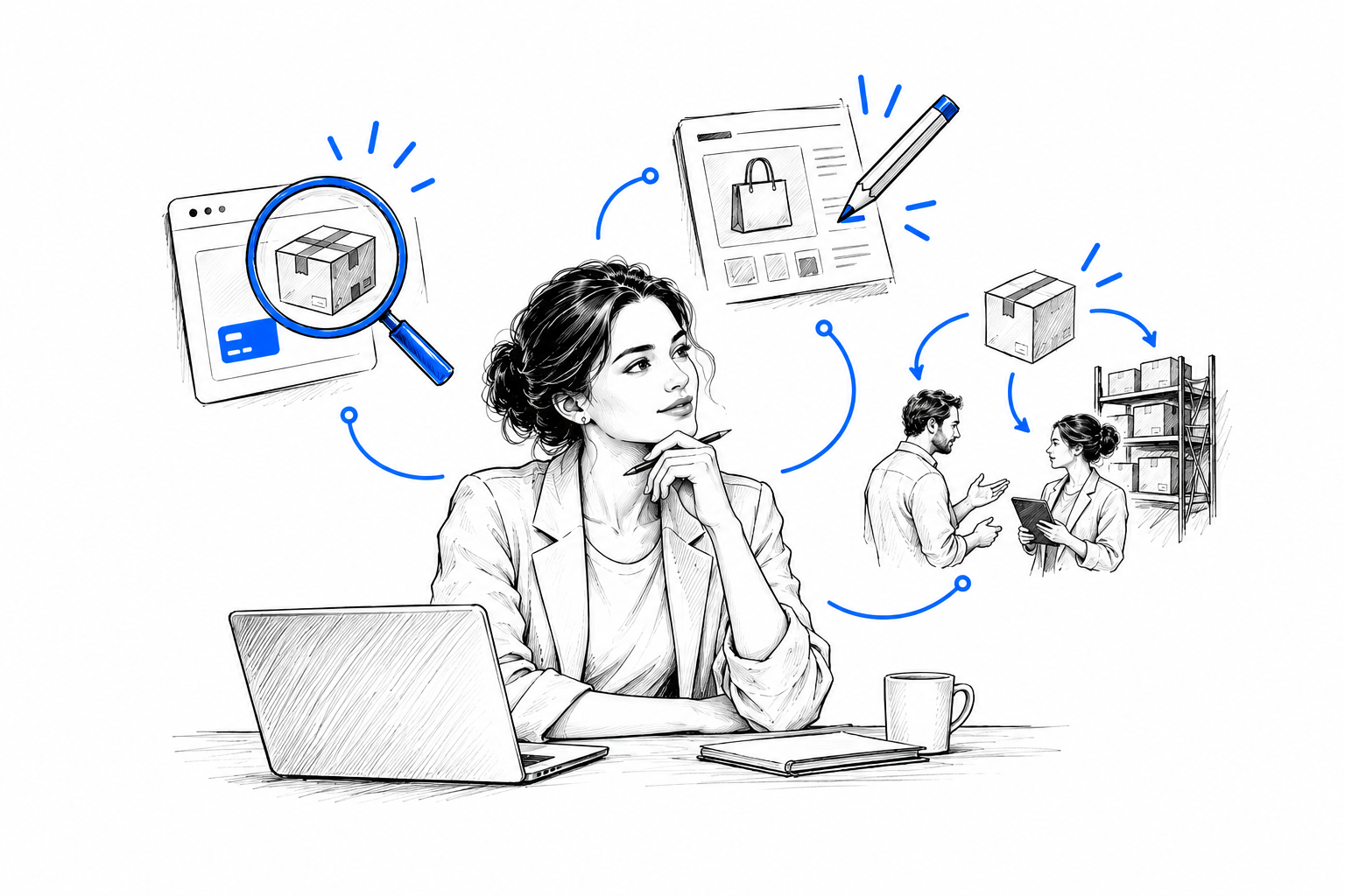 Ilustración en tinta de una dueña de tienda evaluando una auditoría con lupa, un rediseño con lápiz y la coordinación de su operación, unidos por trazos azules.